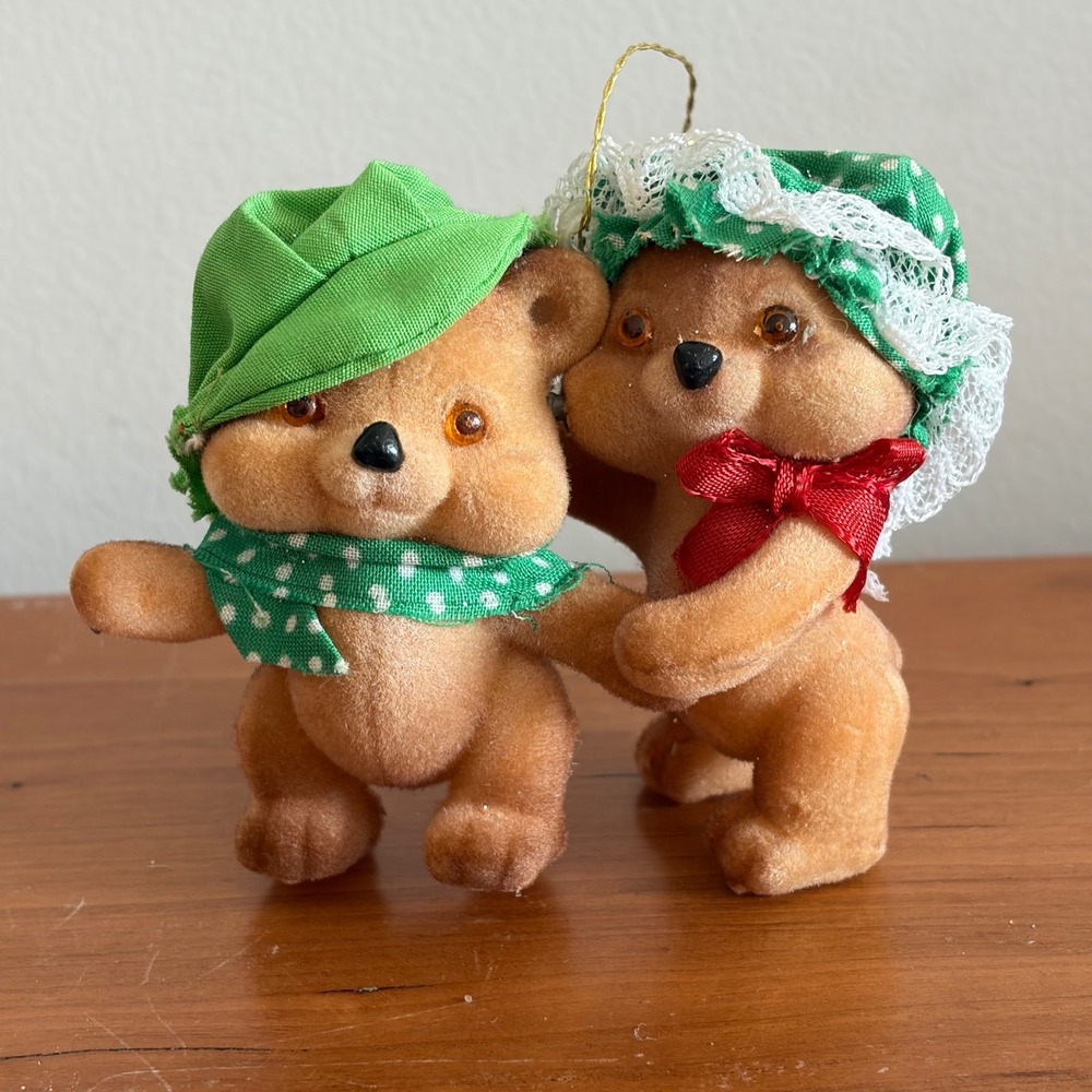 Vintage Flocked Bear Couple Christmas Ornament Green Polka Dot Outfits 3 Inch